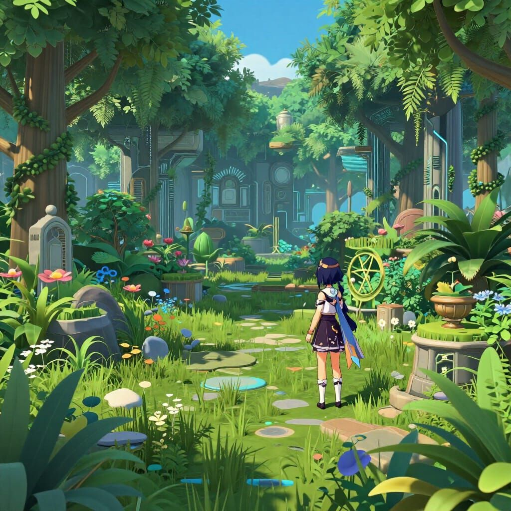 Glitching Garden with High-Tech Nature in Anime Style