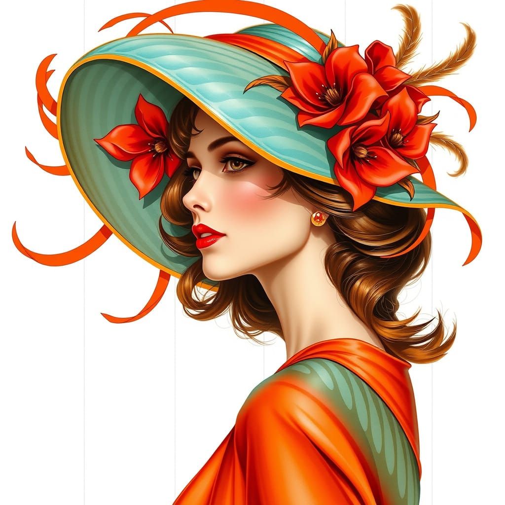 Turquoise and Orange Fashion Illustration of a Woman in a La...