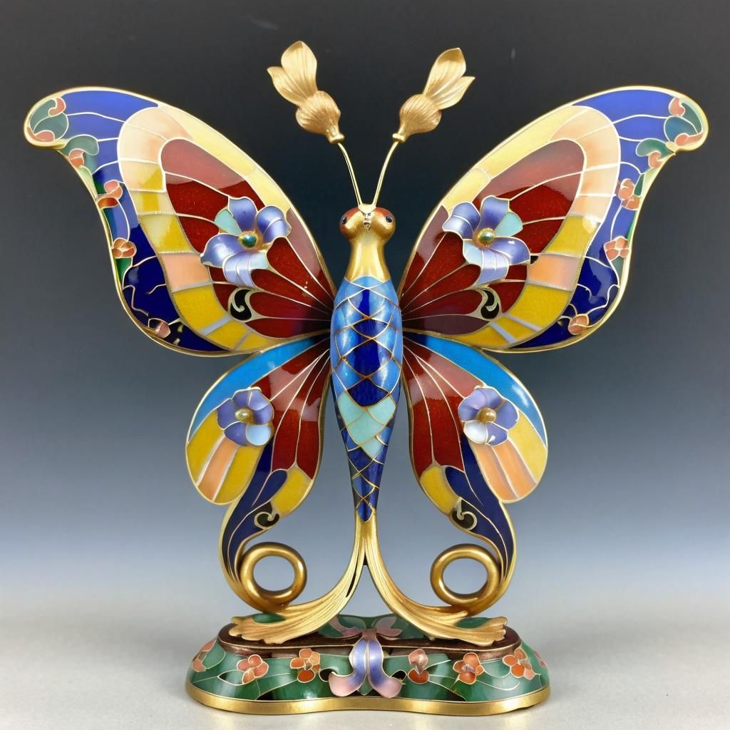Intricate Cloisonne Butterfly Figurine in Art Nouveau Style