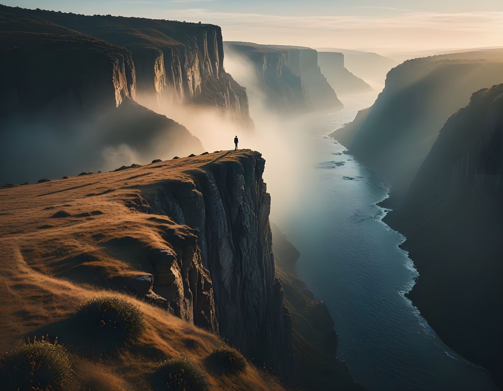 Man Contemplates a Distant View from Cliff Edge