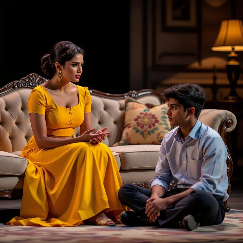 Serious Indian Woman in Yellow Admonishes Man