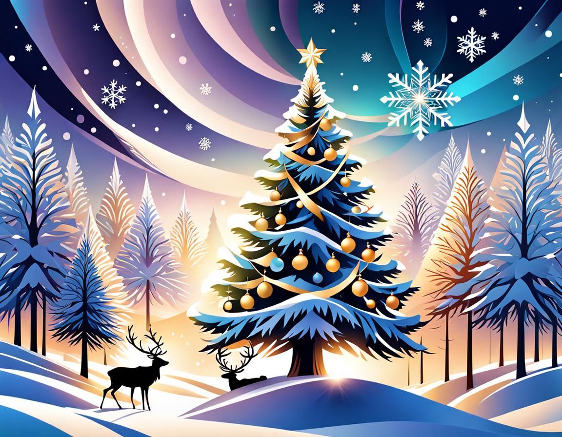 Ornate Christmas Scene with Angels and Reindeer