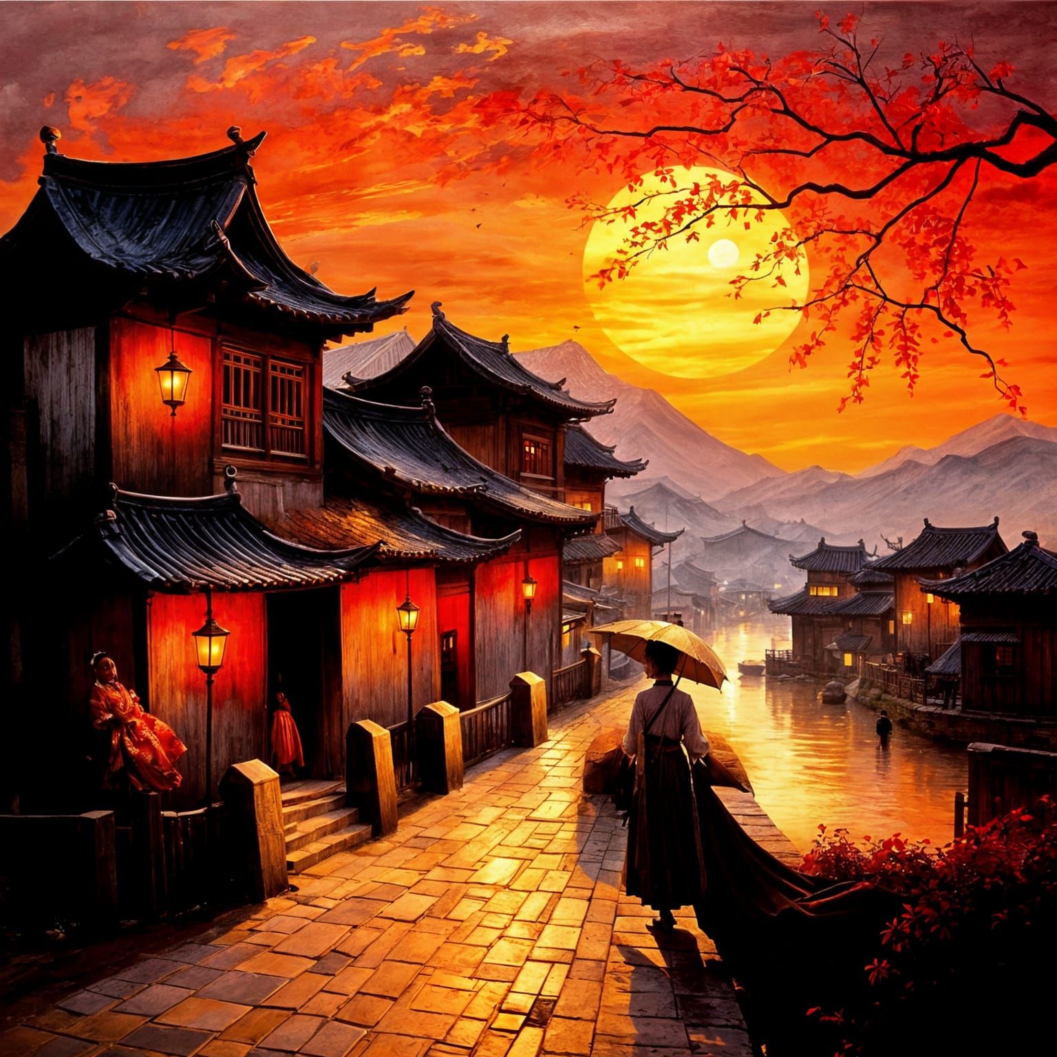 Chinese Village Oil Painting at Sunset with Woman in Hanfu