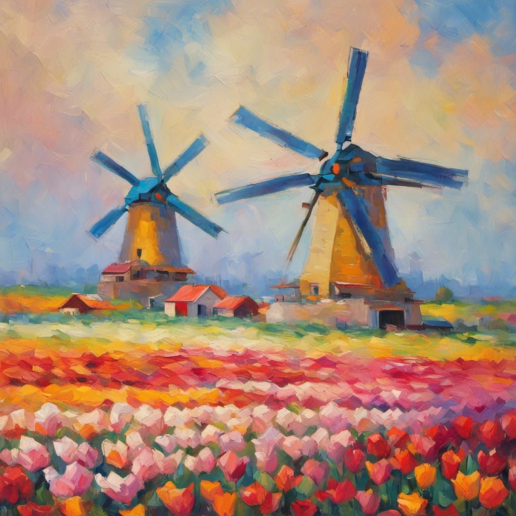 Impressionist Windmills in Tulip Fields: Vivid Colors