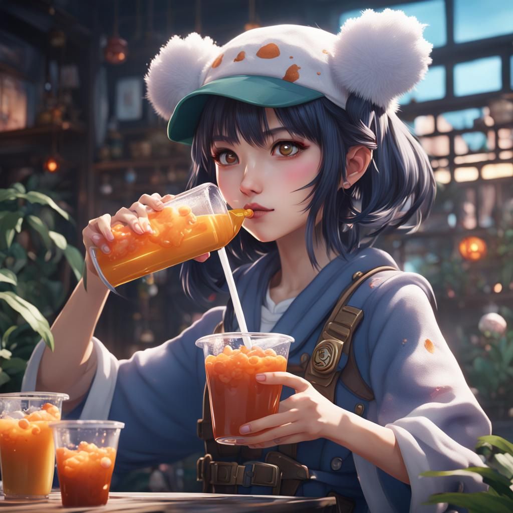 Anime Girl Drinking Boba: Detailed Matte Painting