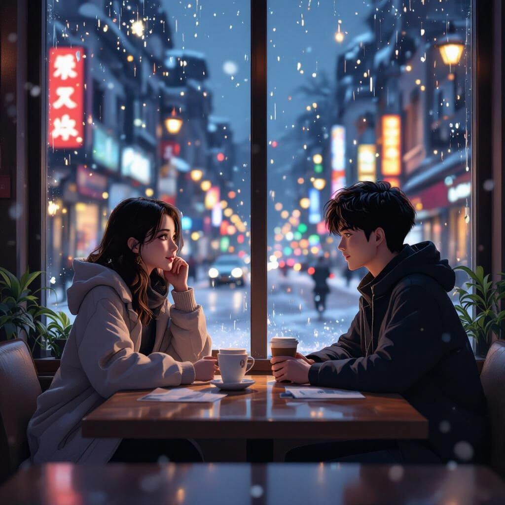 Anime Style Couple in Coffee Shop Snow Scene