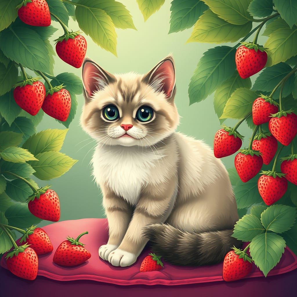 Whimsical Ragdoll Cat in a Strawberry Paradise