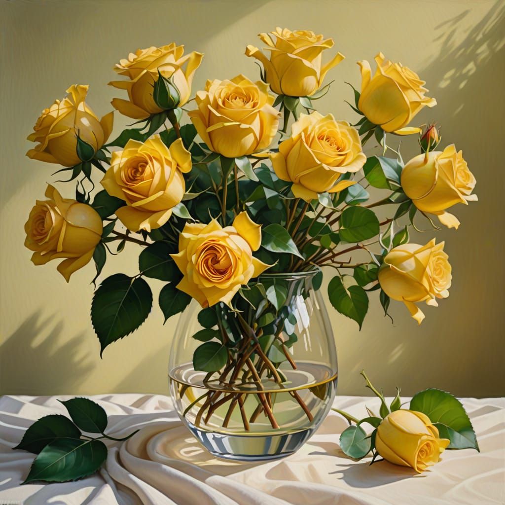 Yellow Roses Still Life Oil Painting in Golden Hour Light