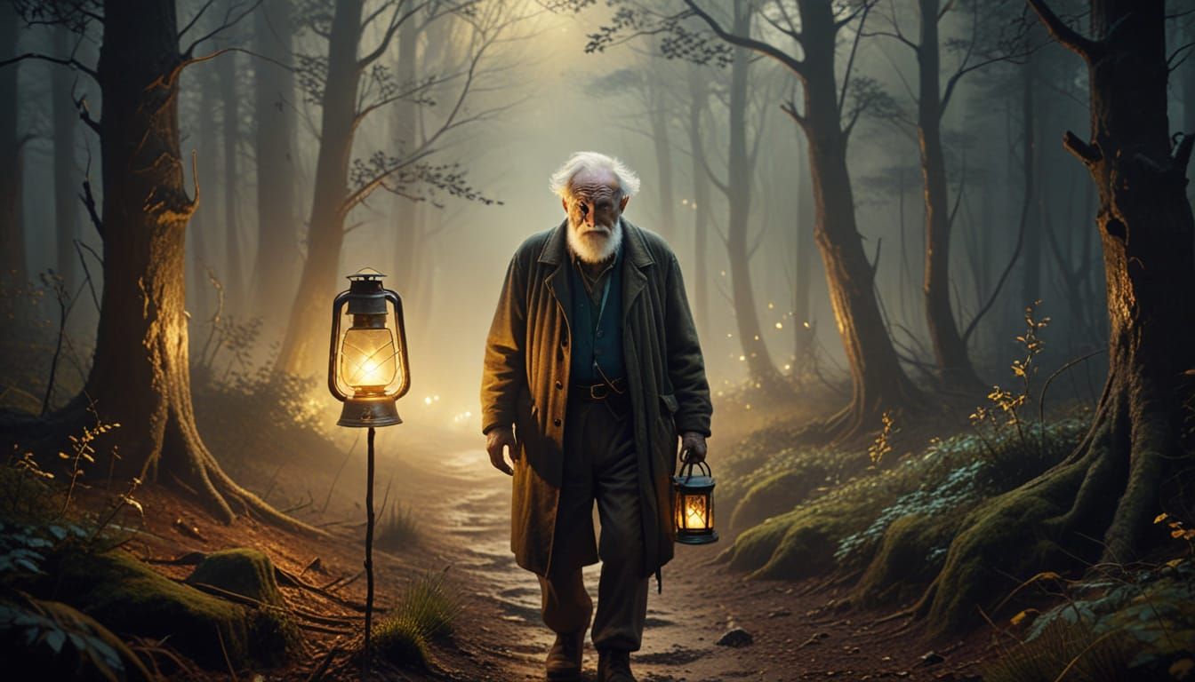 Ethereal Old Man and Lantern in Misty Forest