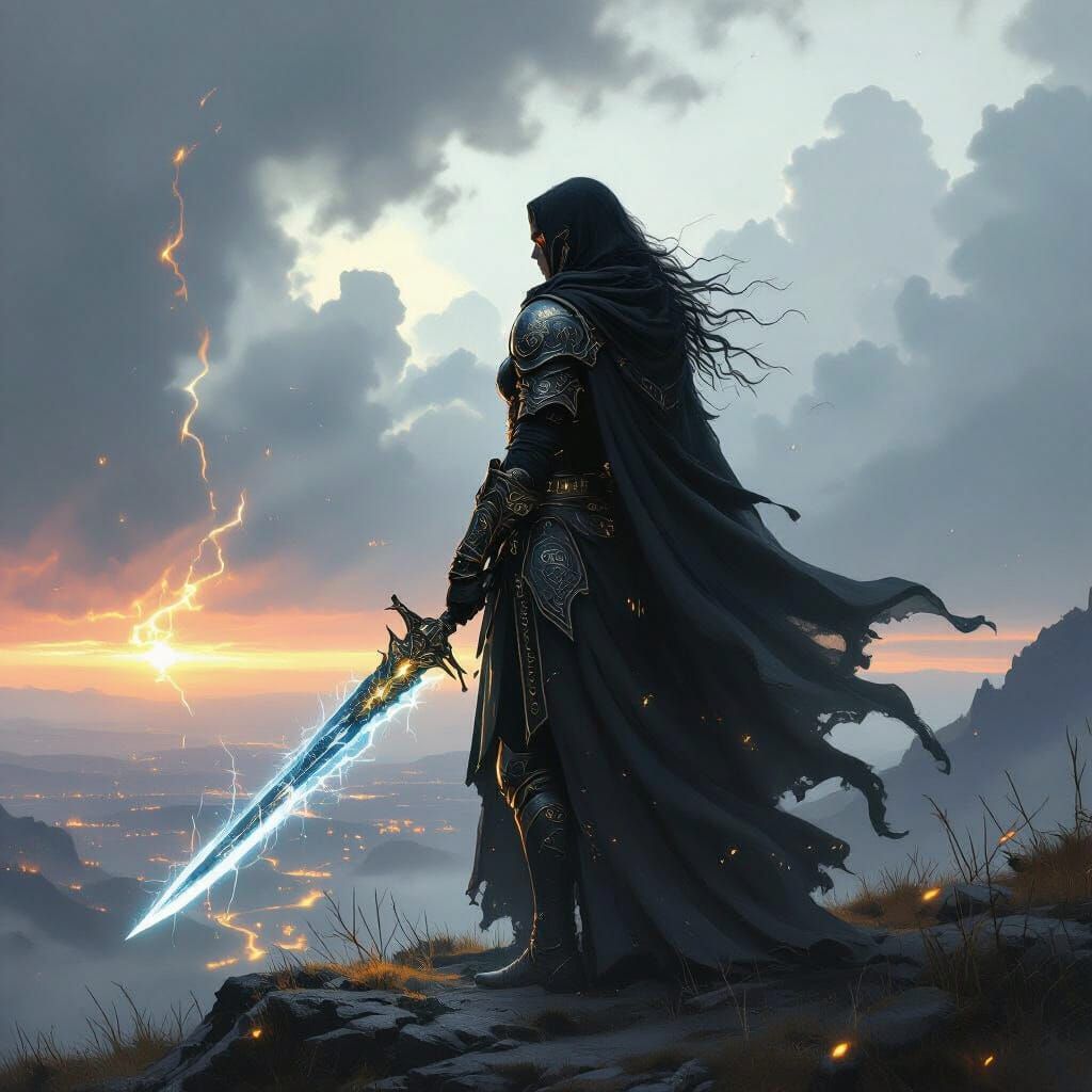 Warrior on Peak Overlooking Arcane Storm, Digital Painting