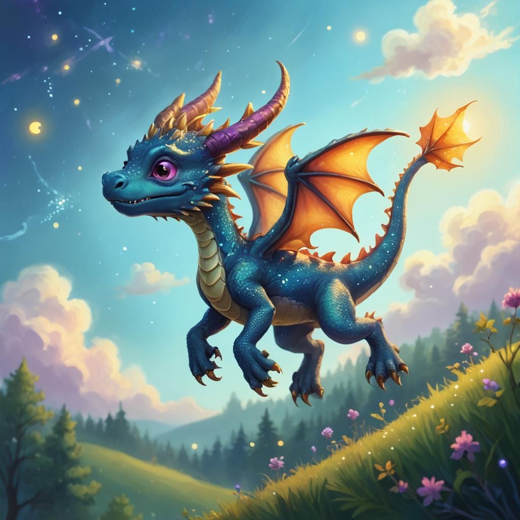 Cute Dragon Gazing at Night Sky in Oil Painting