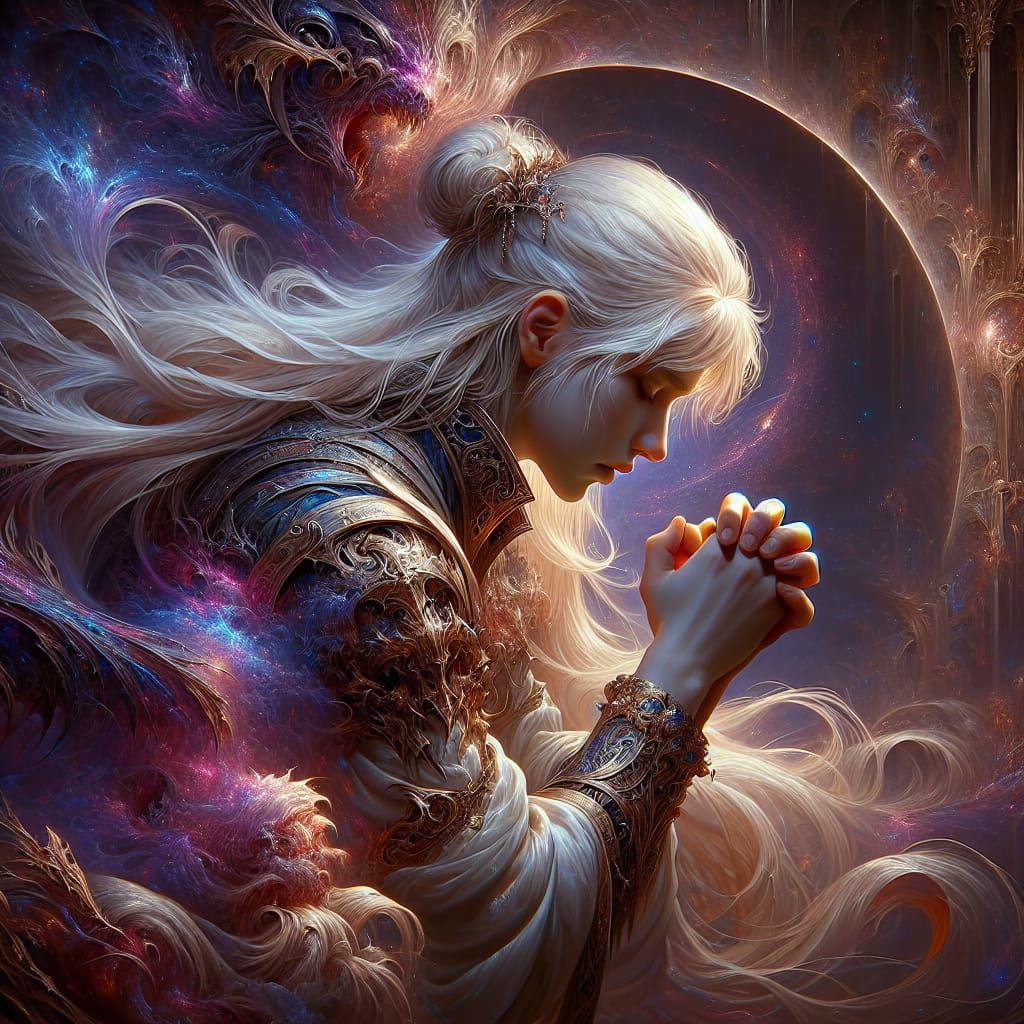 Fantasy Art: Blonde Believer in Prayer, Matte Painting