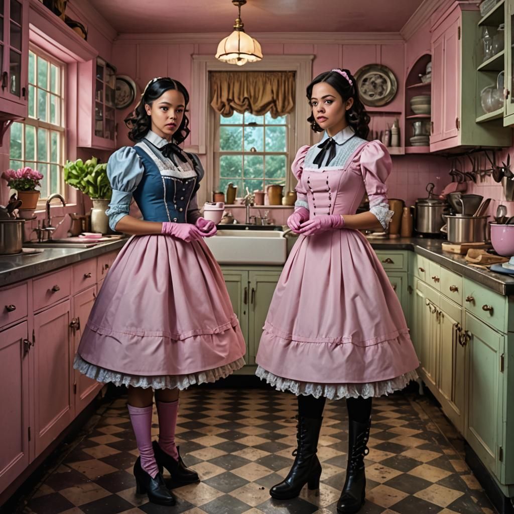 Young Stepford Wives in Victorian Attire, Domestic Scene in ...