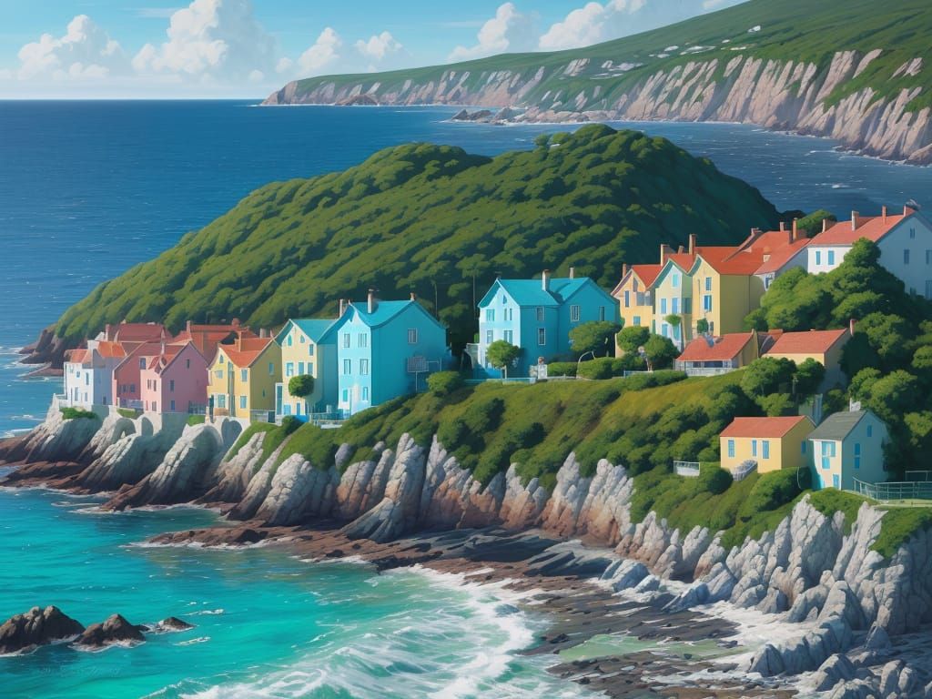 Coastal Village in Vibrant Pastel Hues
