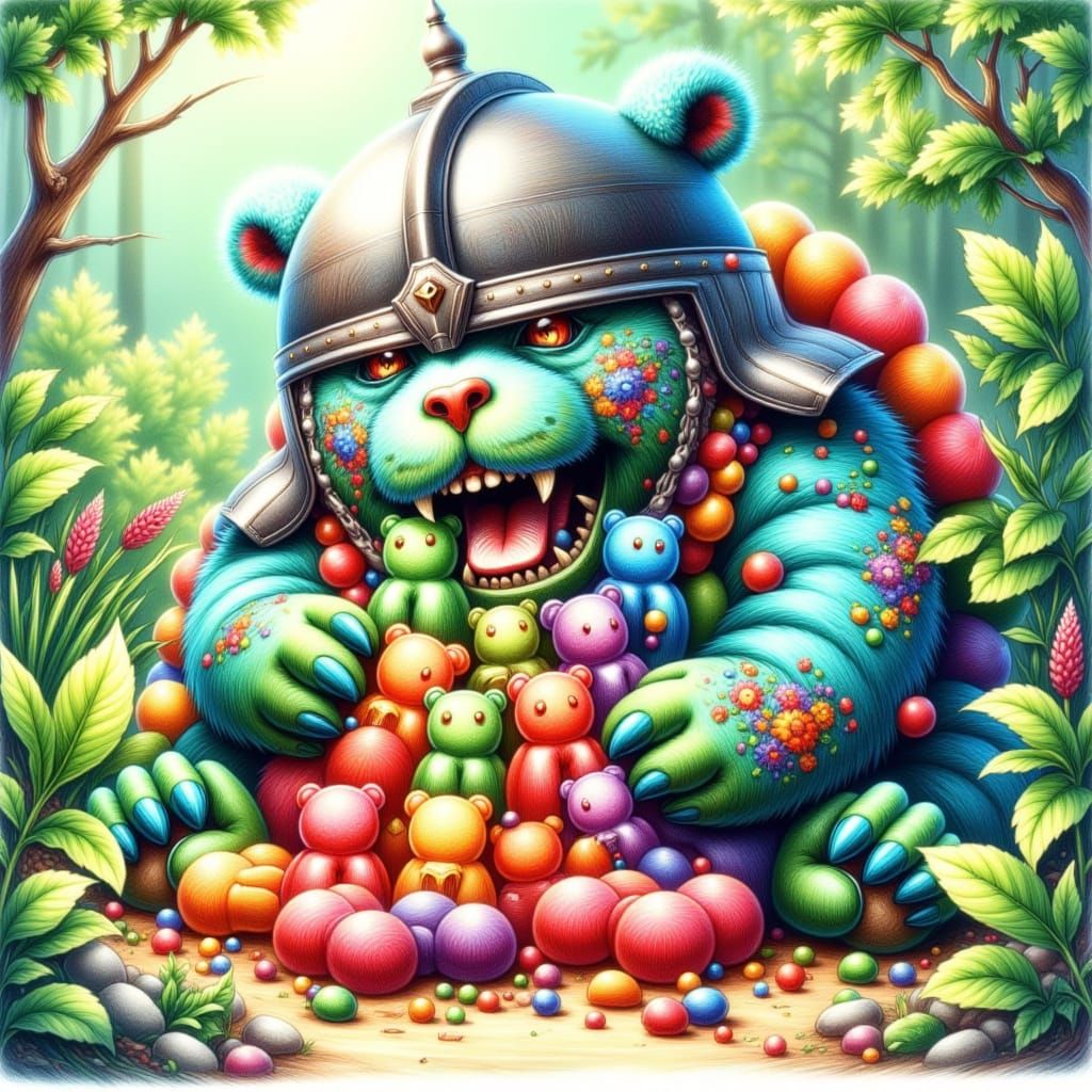 Gummy Bear Monster Guards Gummy Prey, Color Pencil Art