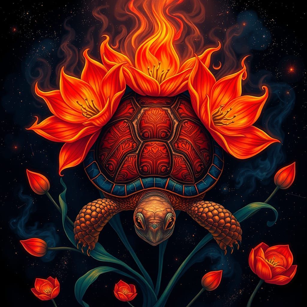 Turtle surronded by lilies. Lily made entirely out of red-orange flame. Ambre fire petals. Background dark night sky wit...