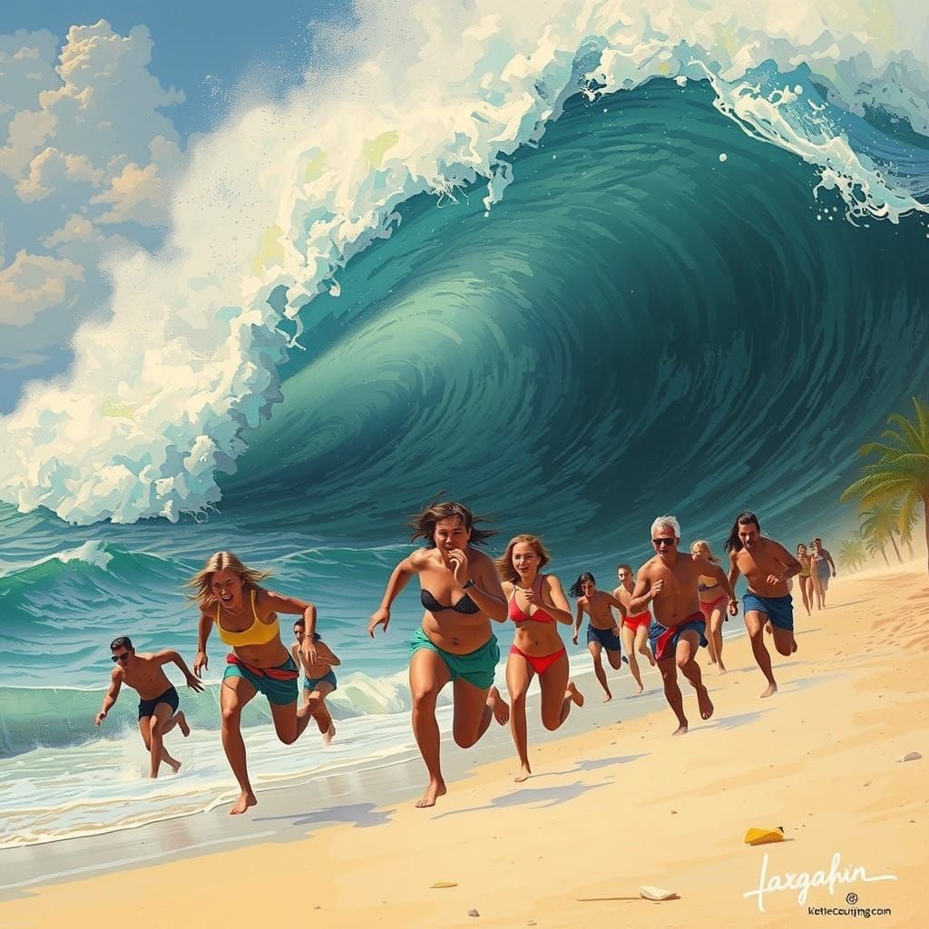 Tsunami Wave Engulfs Beach in Turquoise Fury