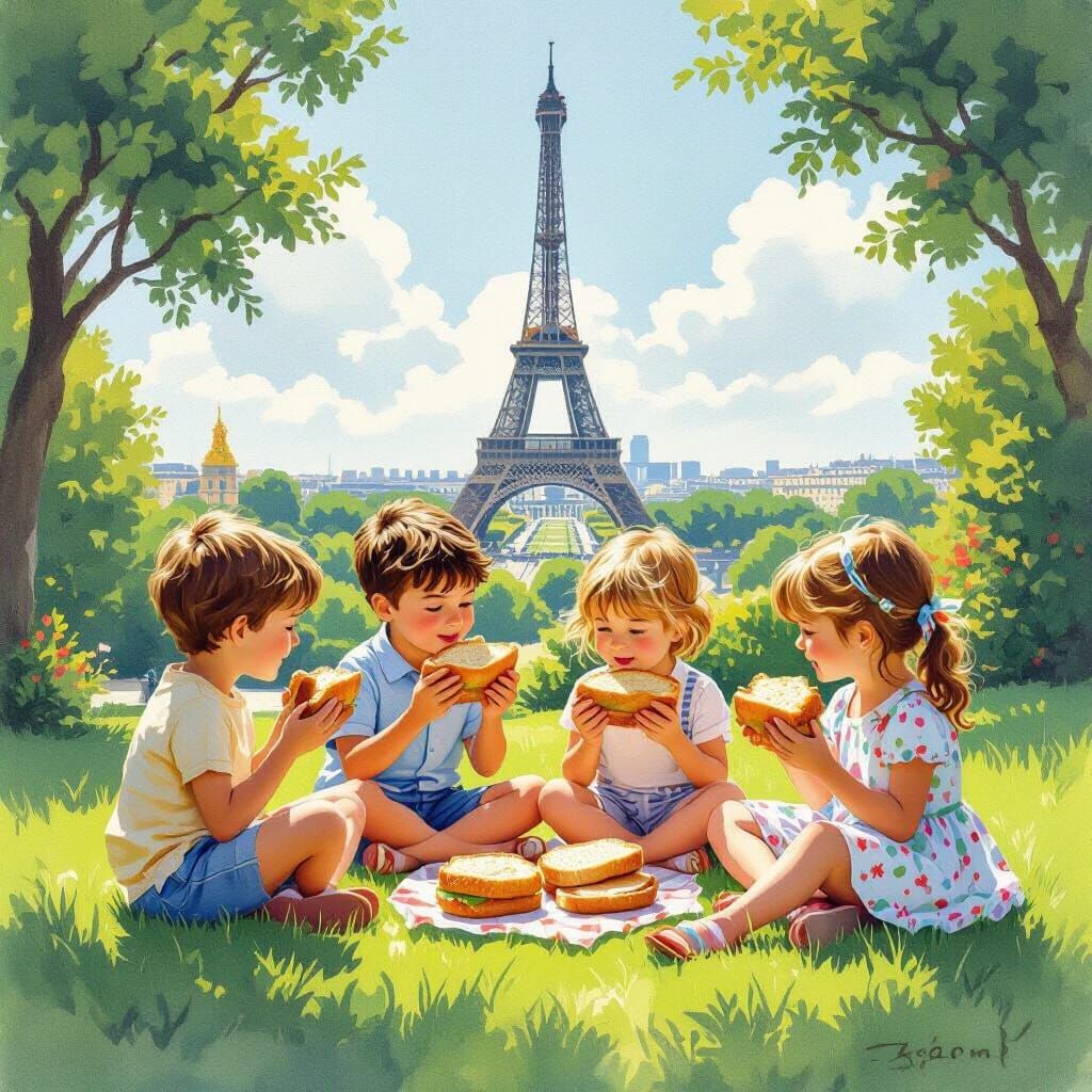 Children's Picnic near Eiffel Tower, Impressionistic Style