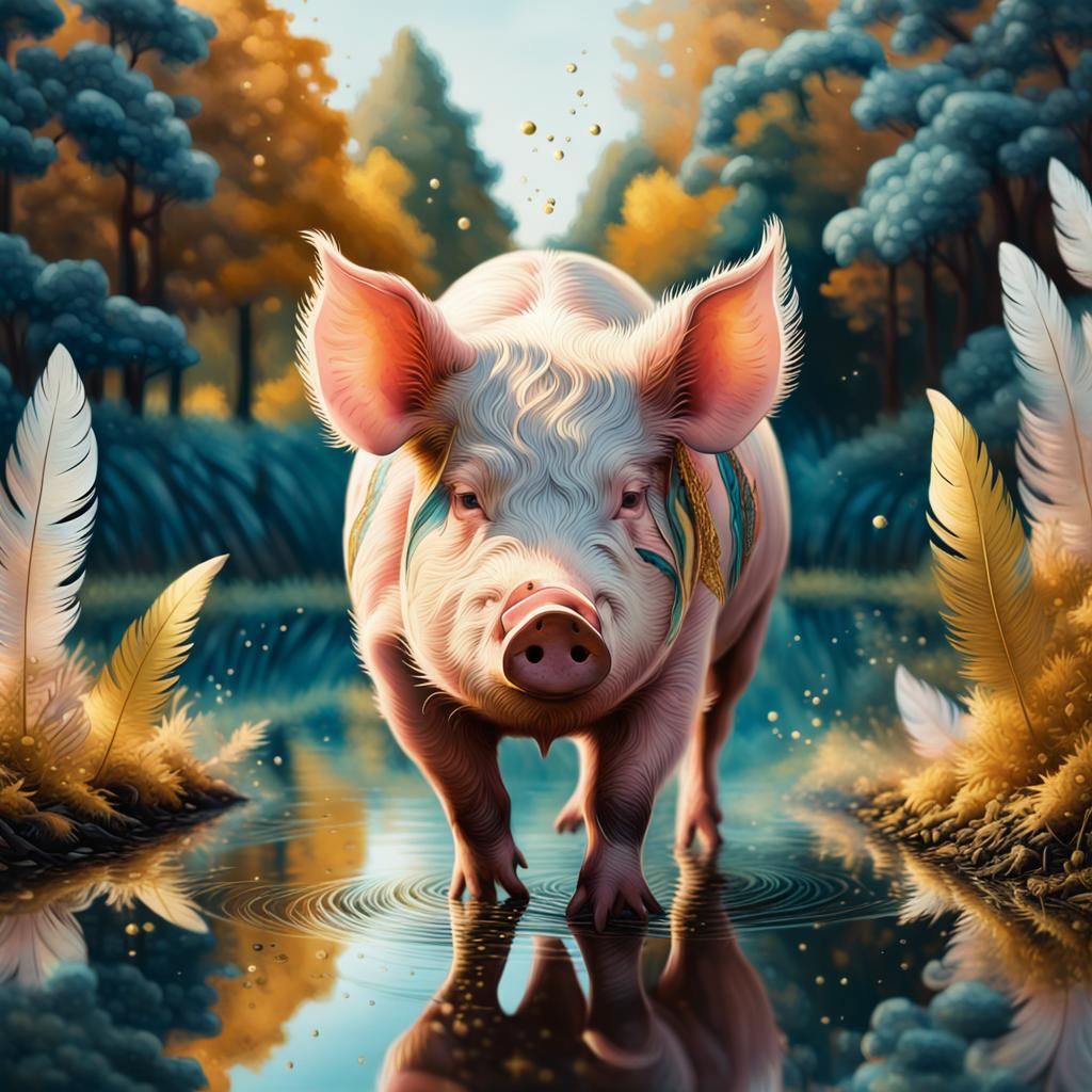 Feathered Pig in Magical Underwater Park, Gouache