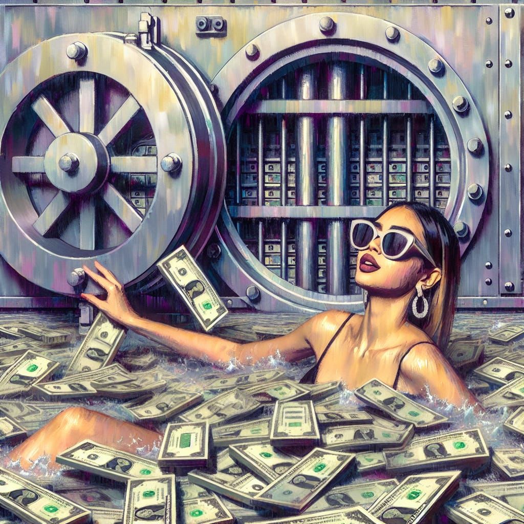 Opulent Woman Swimming in Currency, Impasto Gouache