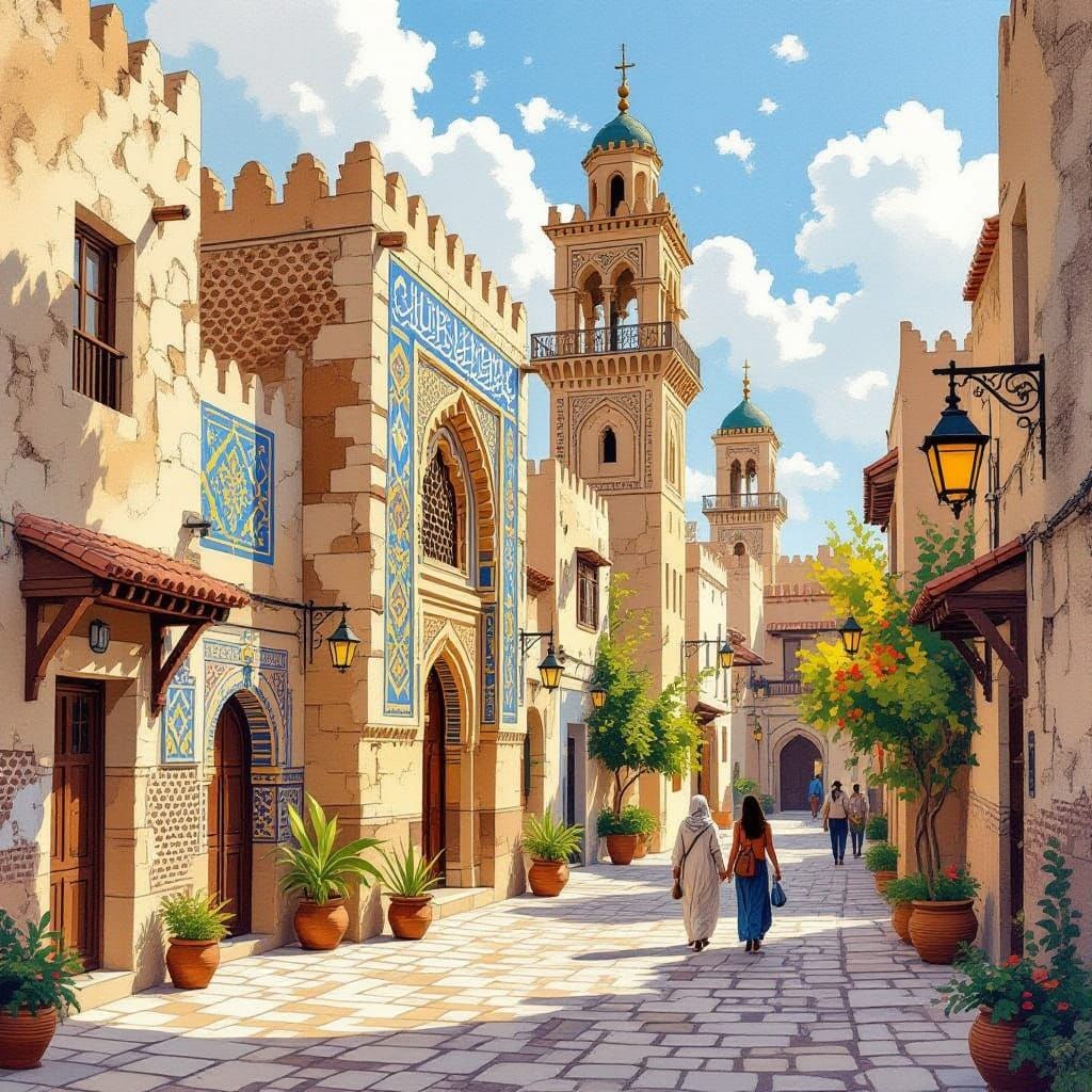 Medina of Tunis in Vibrant Watercolor Style