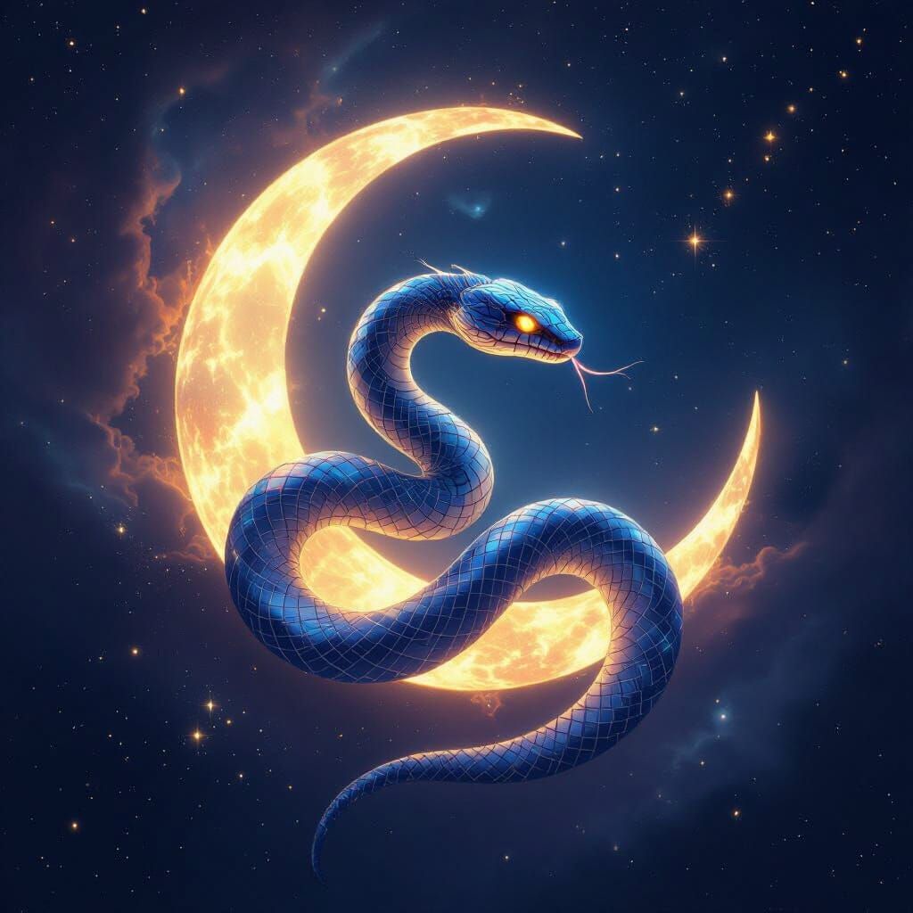 Bioluminescent Serpent Coils Around Luminous Moon