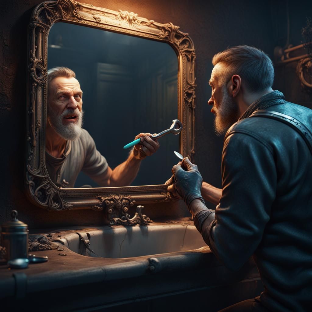 Man Brushing Teeth With Wrench: Detailed Matte Painting