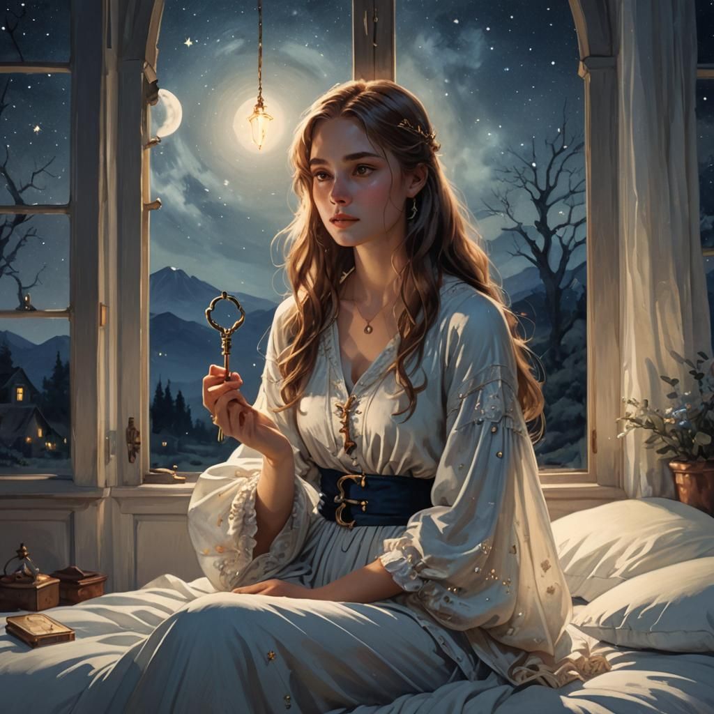 Zara Holding Glowing Key in Dreamy Bedroom