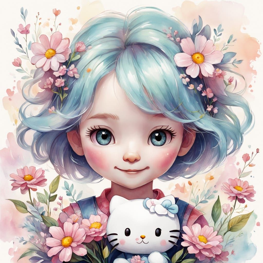 Kawaii Hello Kitty Portrait in Pastel Watercolor Style