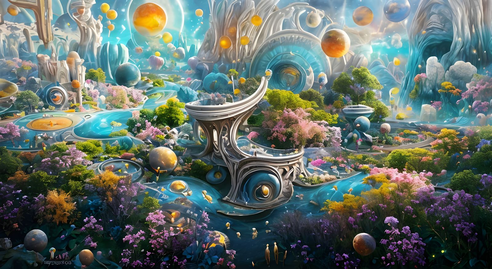 Iridescent Cosmic Zen Garden with Vibrant Flora and Shimmeri...