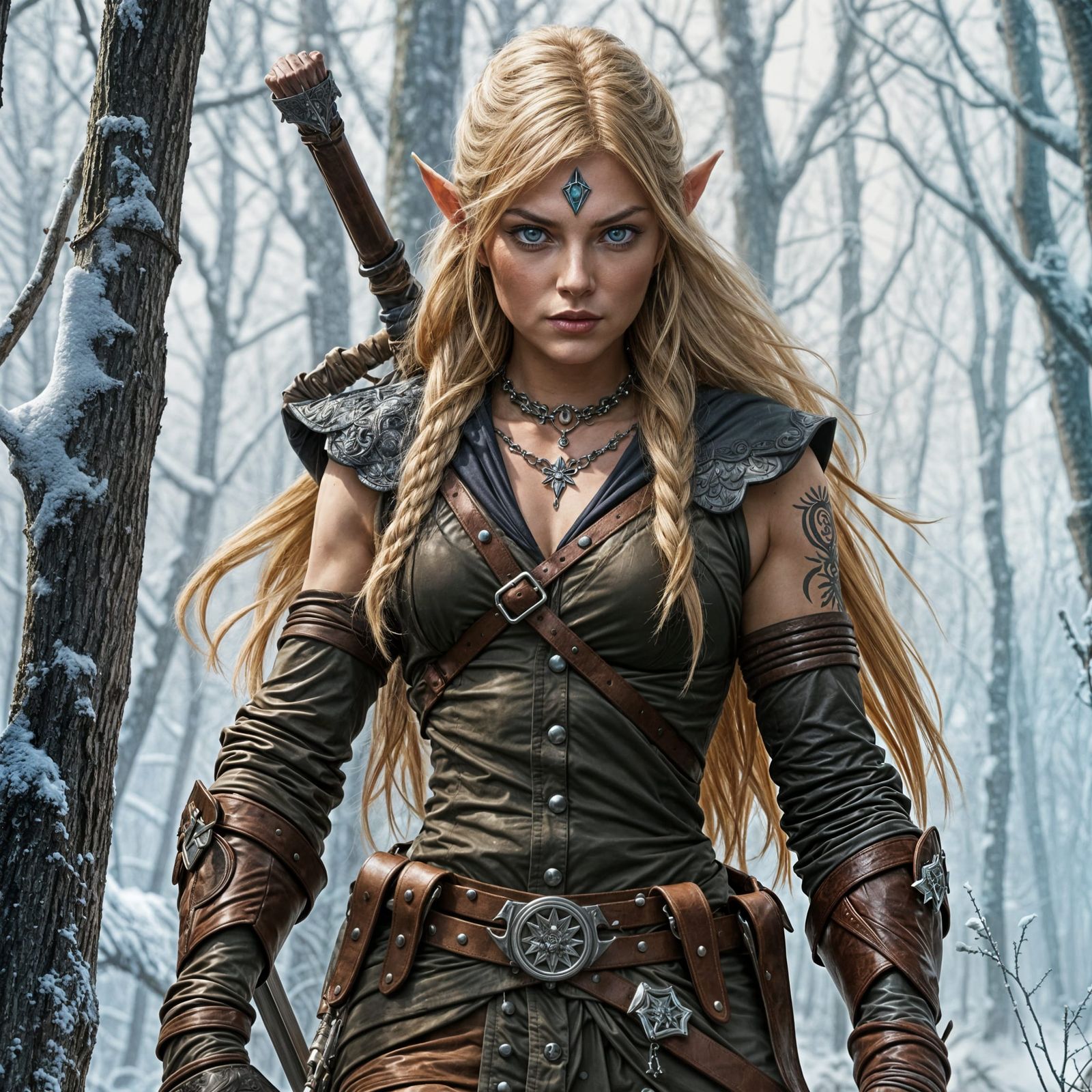 Elegant Elven Huntress in Snowy Forest, Inspired by Frazetta...