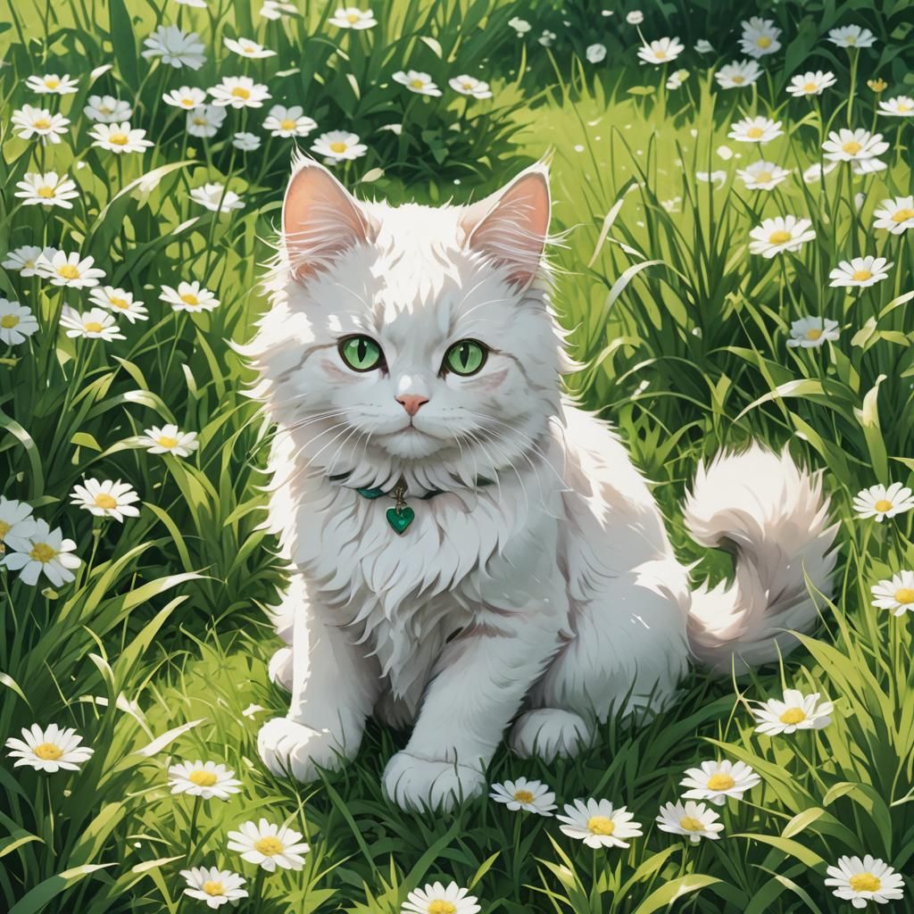 Fluffy White Cat on Green Grass in Anime Style