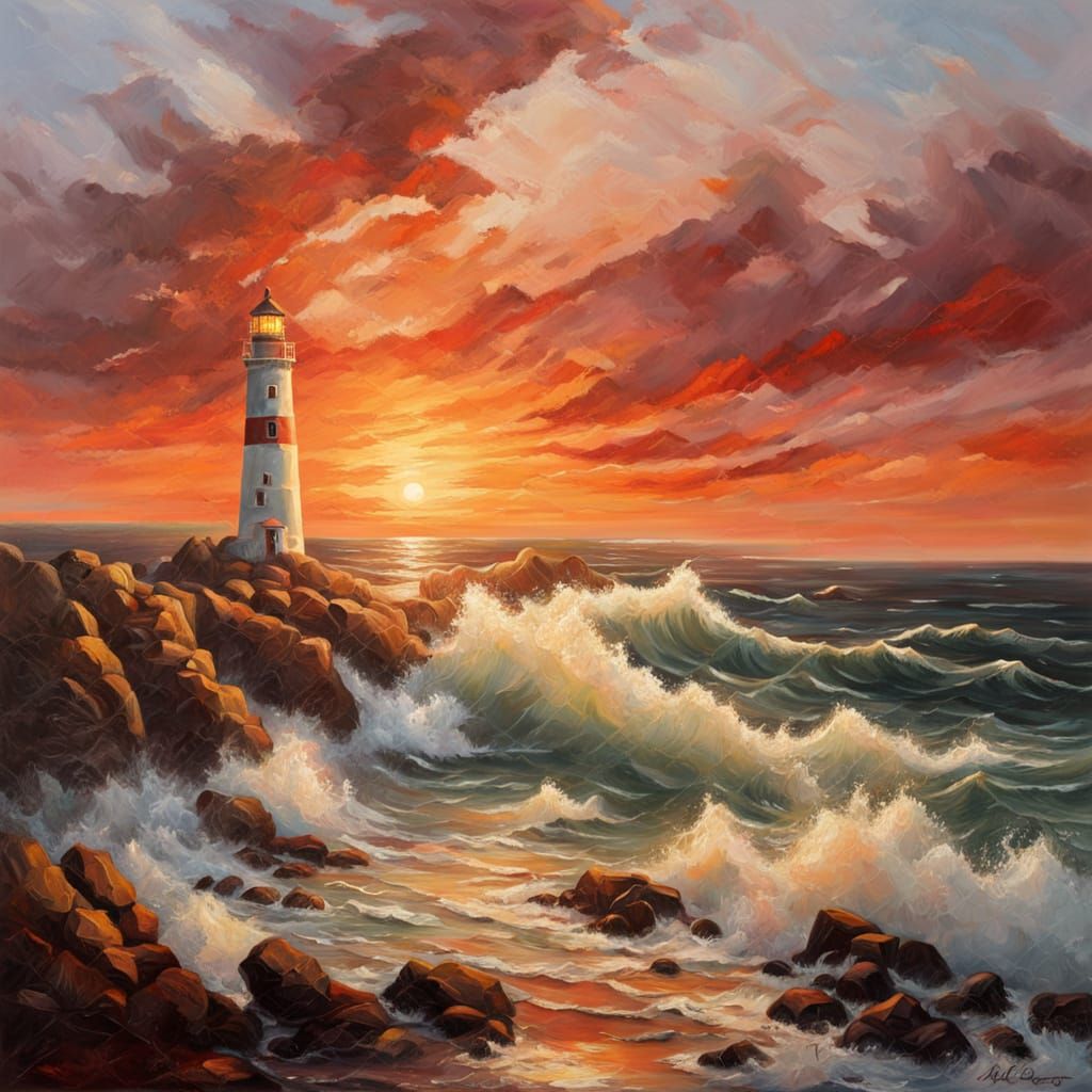 Lighthouse at Sunset, Oil Painting in Warm Golden Light