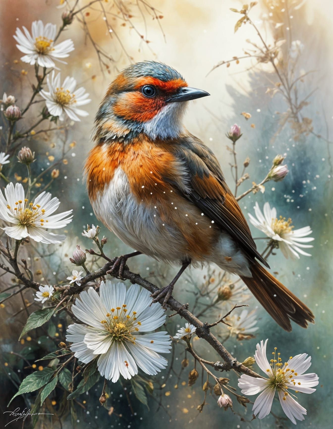 Red-Throated Bird on White Flowers in Watercolor Style