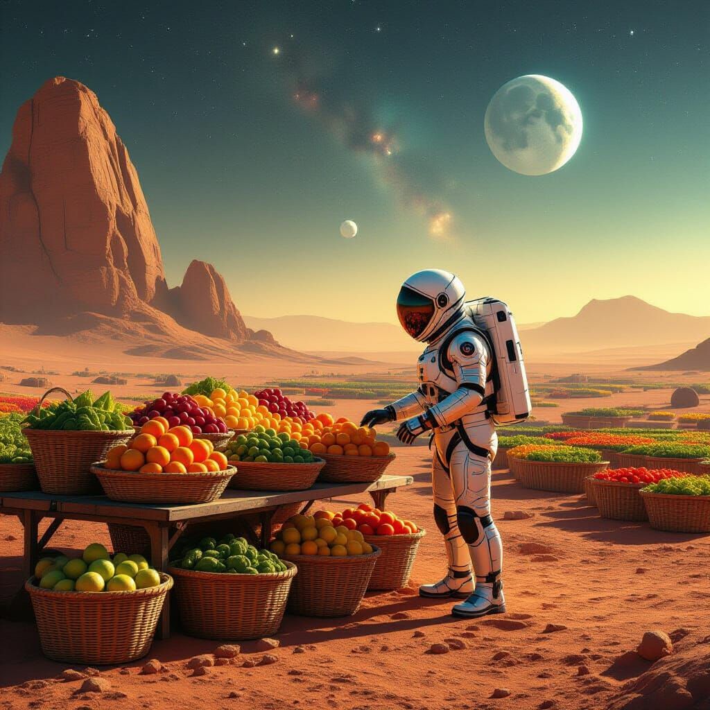 Astronaut at Alien Farmstand on Mars
