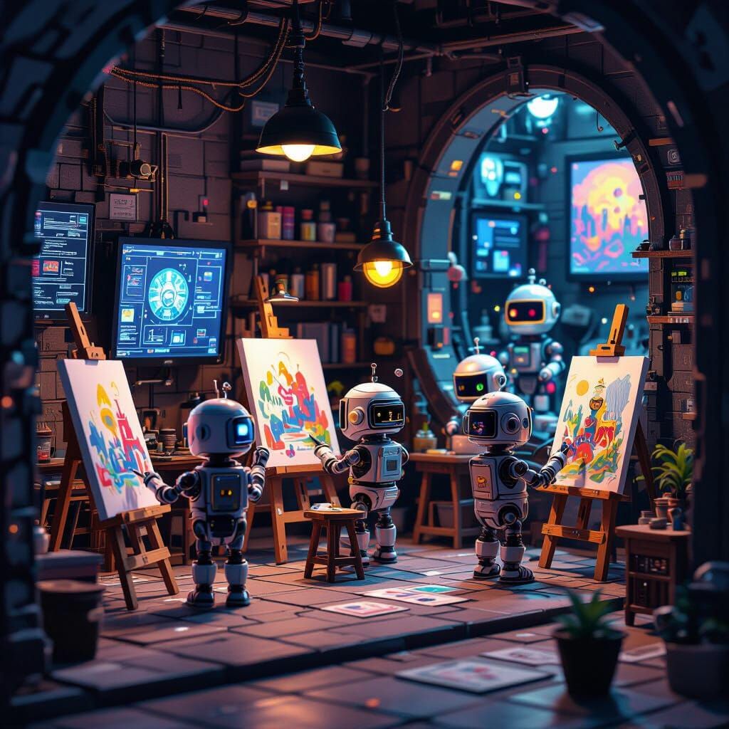 Miniature Digital Art Studio Crafted by Robots