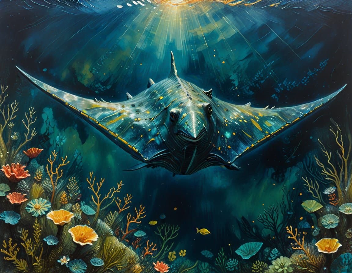 Manta Ray Submarine in Expressionist Impasto Painting