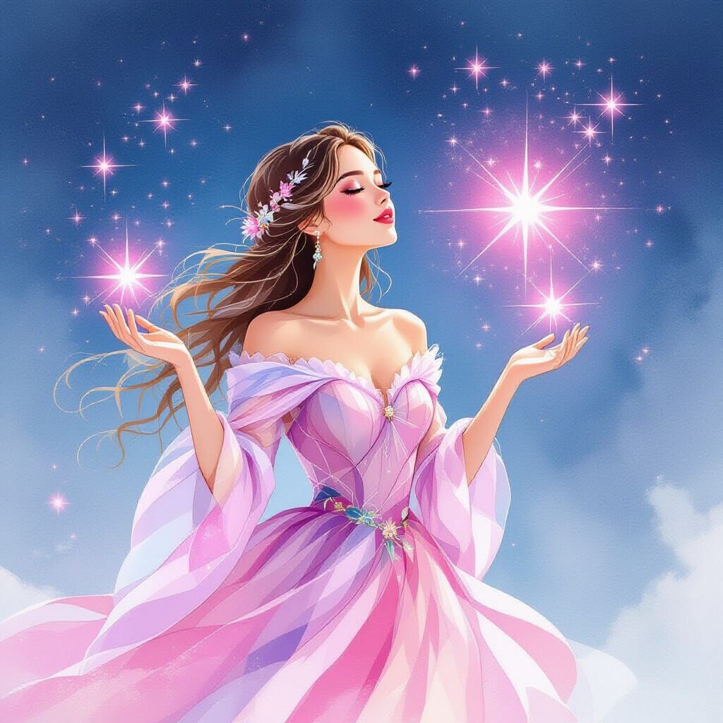 Ukrainian Woman Gazing at Pink Aurora, Watercolor Style