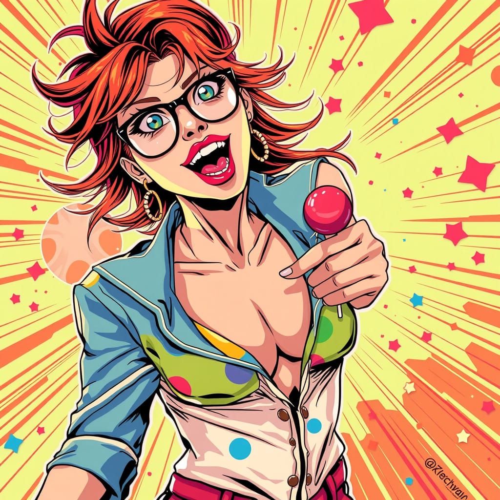 Playful Manga-Inspired Woman Dances with Exuberance, Kissing...