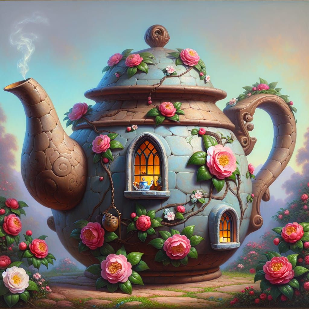 Charming Teapot with Crooked Windows in Fantasy Landscape