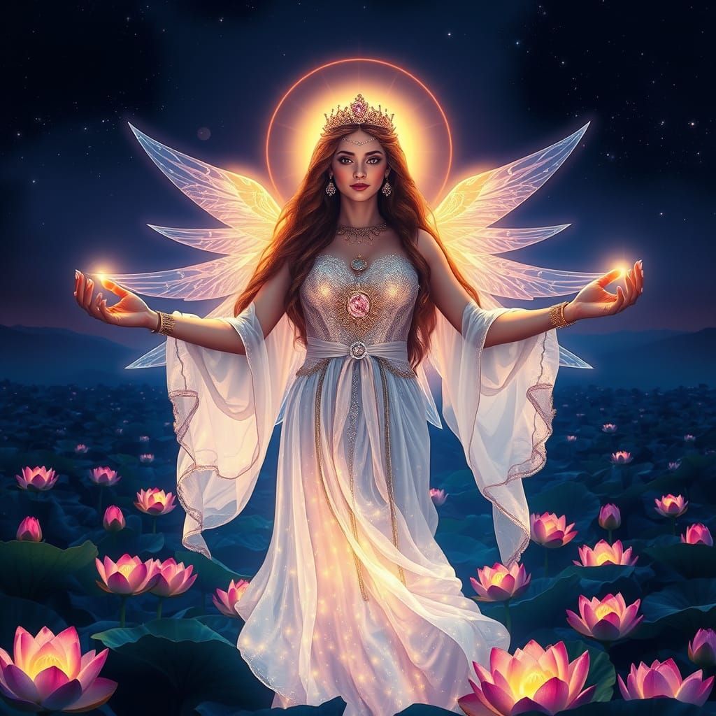 Radiant Goddess in Luminous Lotus Field