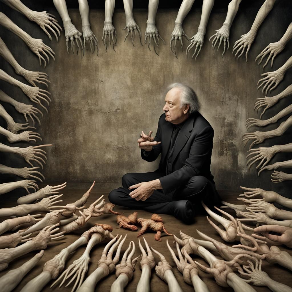 Surreal Man with Chicken Feet Hands