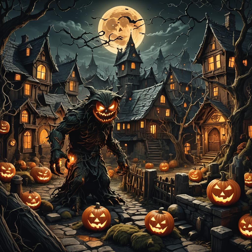 Jack O'Lantern Monster Rampage in Dark Fantasy Style