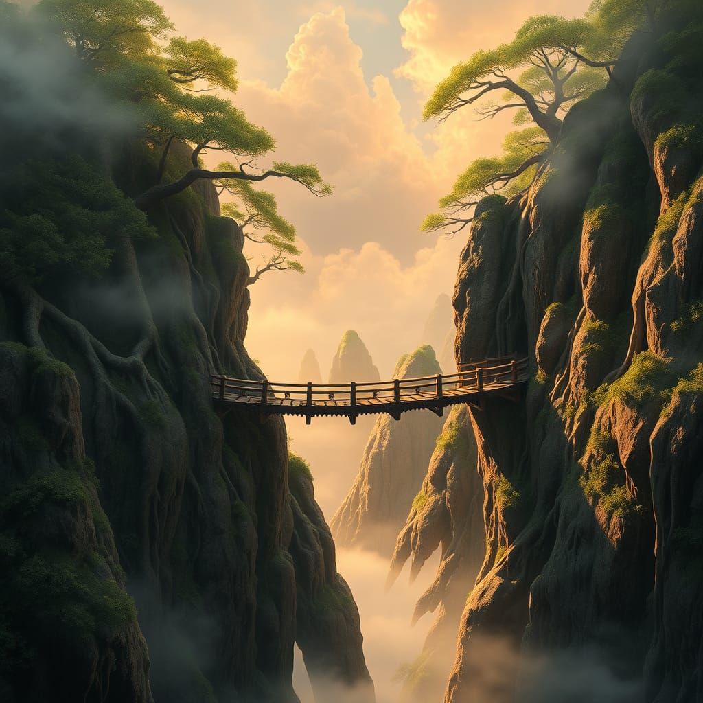 Serpentine Bridge Between Cliffs, Fantasy Concept Art