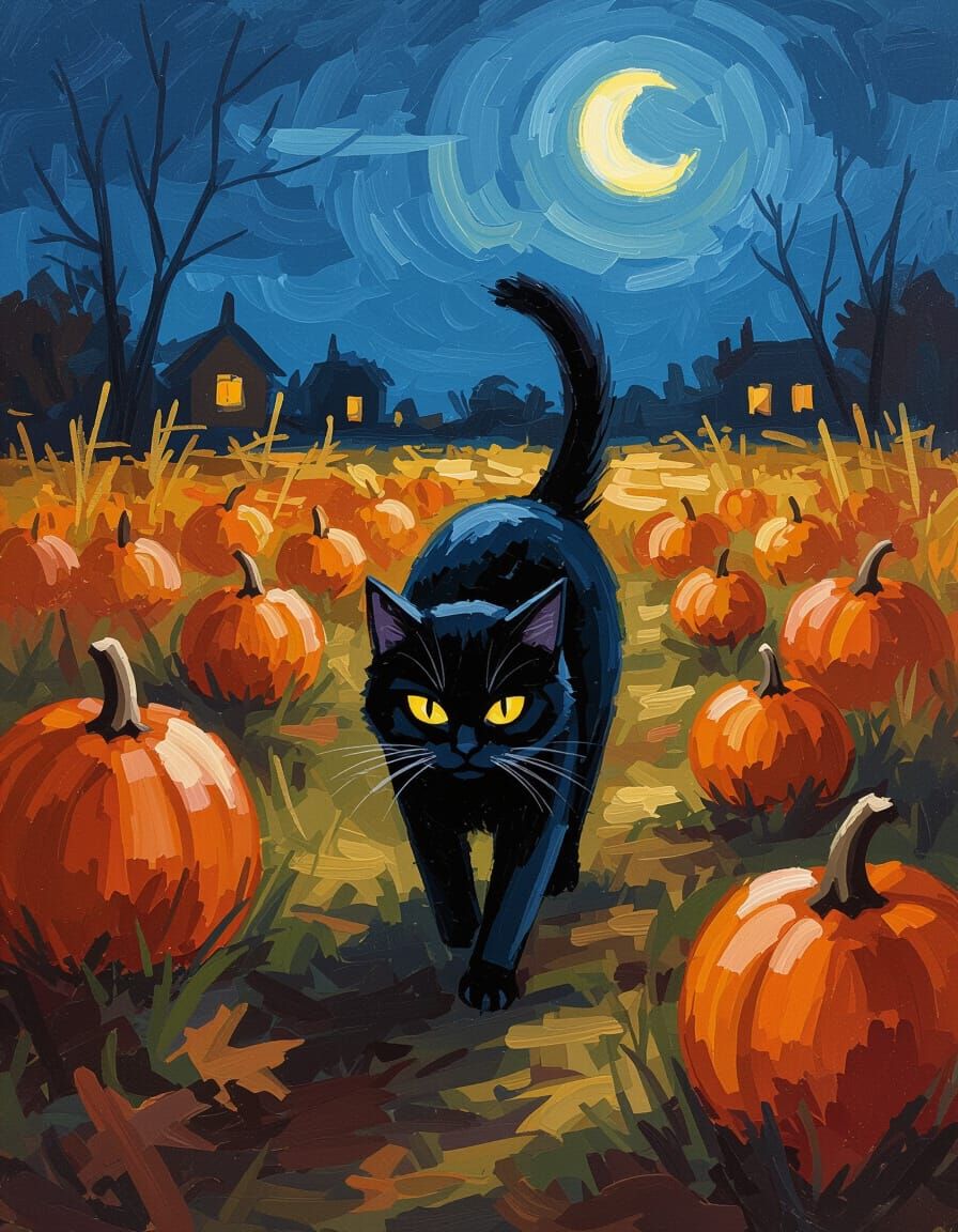 Scary Black Cat in Pumpkin Patch at Night, Impressionist Sty...