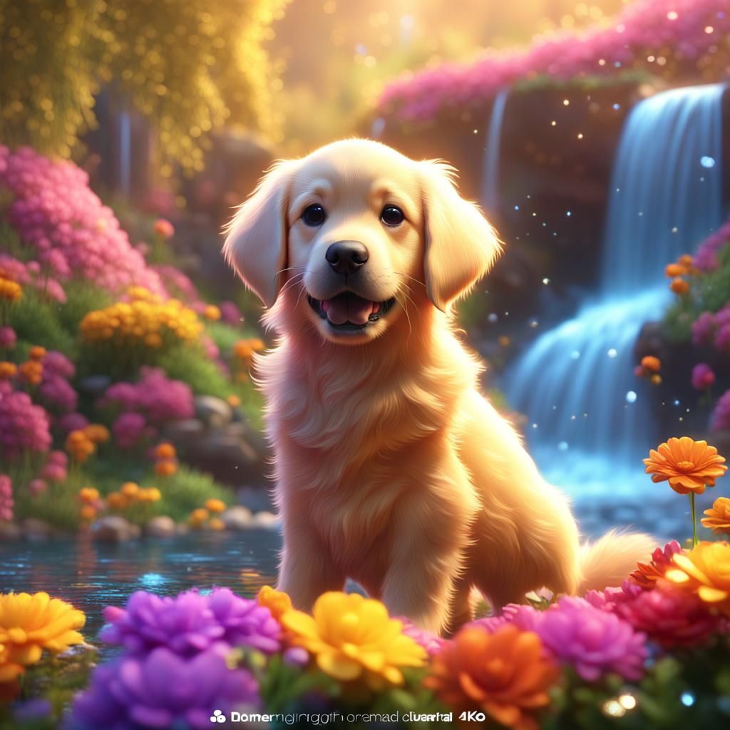 Golden Retriever Puppy in Floral Scene, 3D Digital Art