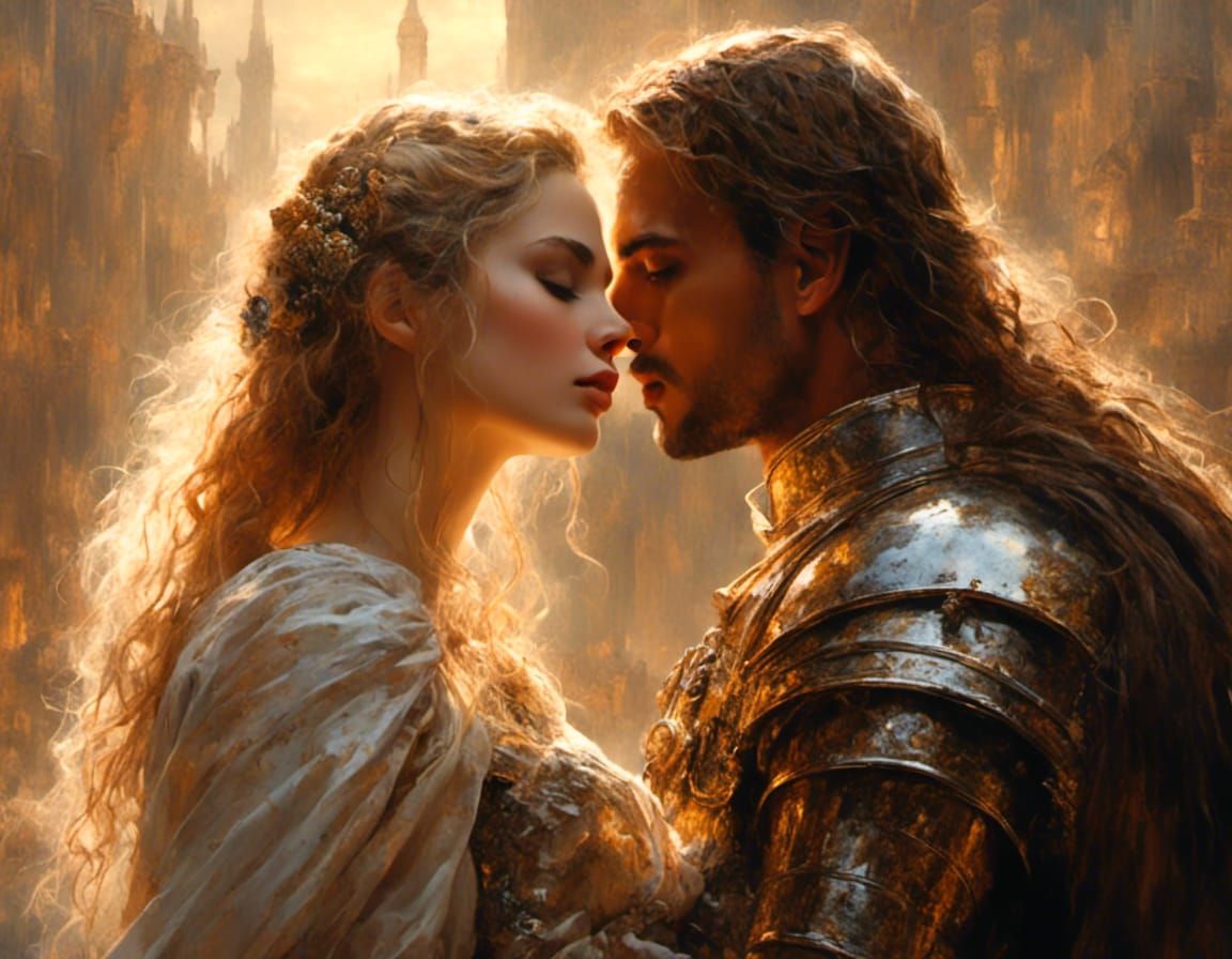 Romantic Kiss Between Queen and Knight in Golden Light