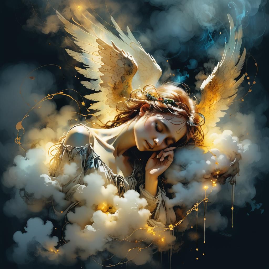 Glowing Angel Sleeps on Cloud in Dark Fantasy
