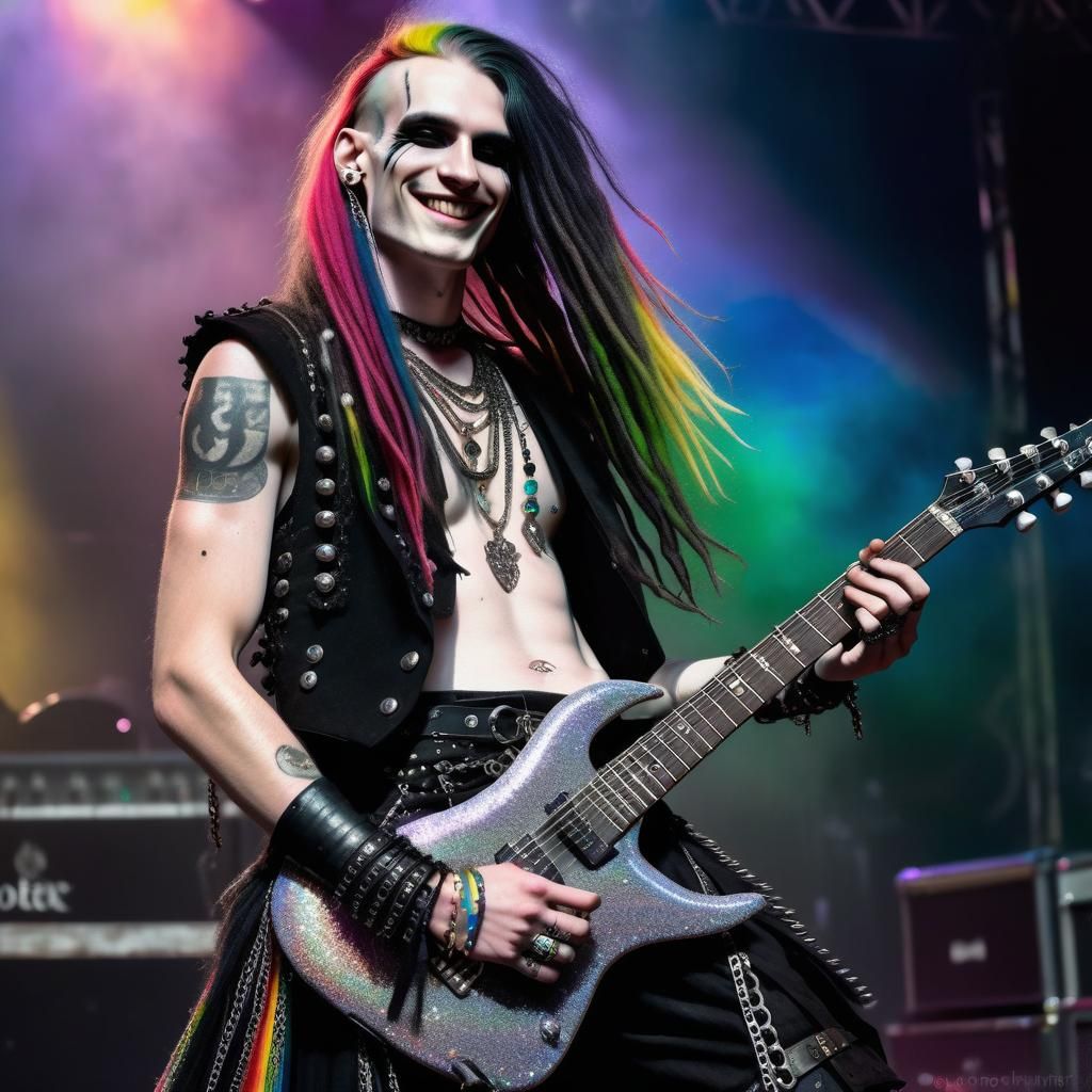 Goth Guitarist with Rainbow Hair on Stage