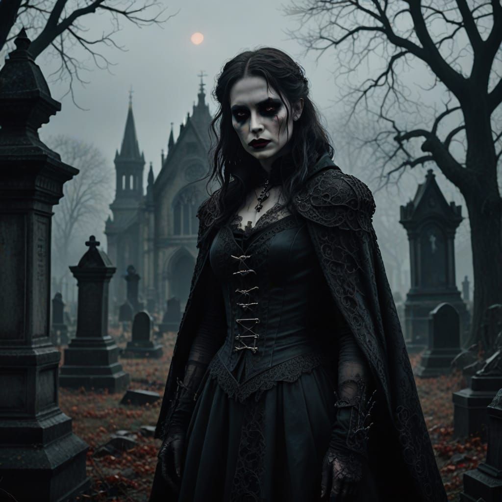Gothic Vampire Maiden in Mysterious Cemetery